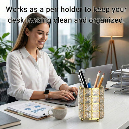 LUGUNU Makeup Brush Holder with Golden Crystal Bling – Elegant Vanity Organizer for Brushes, Pens & Pencils, Ideal for Bathroom or Office Countertop(2Pack)