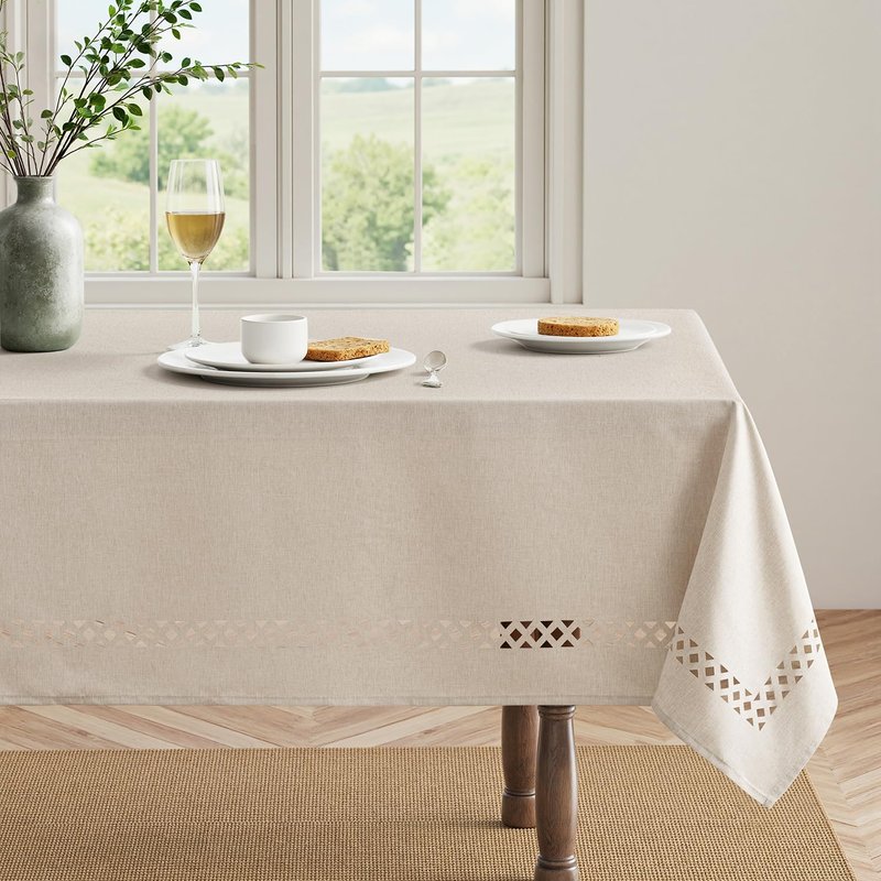 MIULEE Beige Rectangle Polyester Tablecloth with Decorative Cutouts Spring Waterproof Stain Resistant & Shrink-Proof Table Cloth 60x84 inch Farmhouse Style for Dining Wedding and Outdoor
