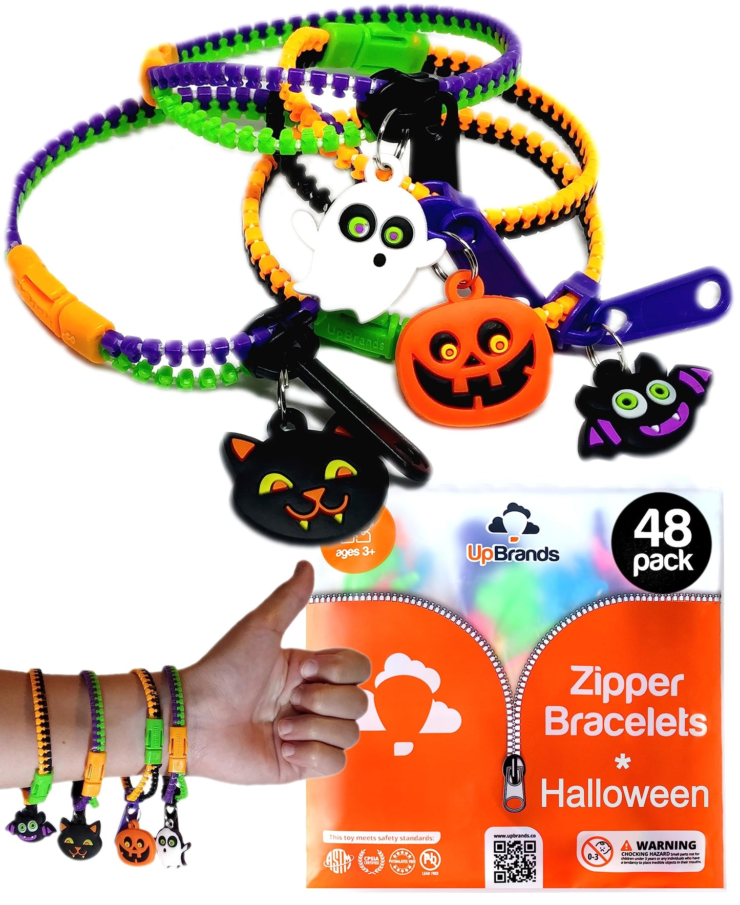 UpBrands 48-Pack Halloween Fidget Bracelets for Kids – Bulk Zipper Toys, Goodie Bag Fillers, Classroom Prizes, Halloween Party Favor Treats