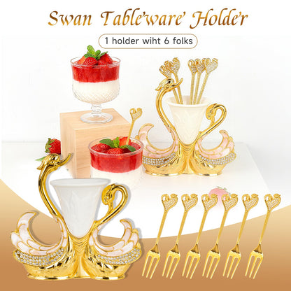 Gold Dessert Forks, Swan Base With 6 Pcs Mini Forks Set,4.5" Charcuterie Forks- Very Suitable for Dessert Shops or Family Use
