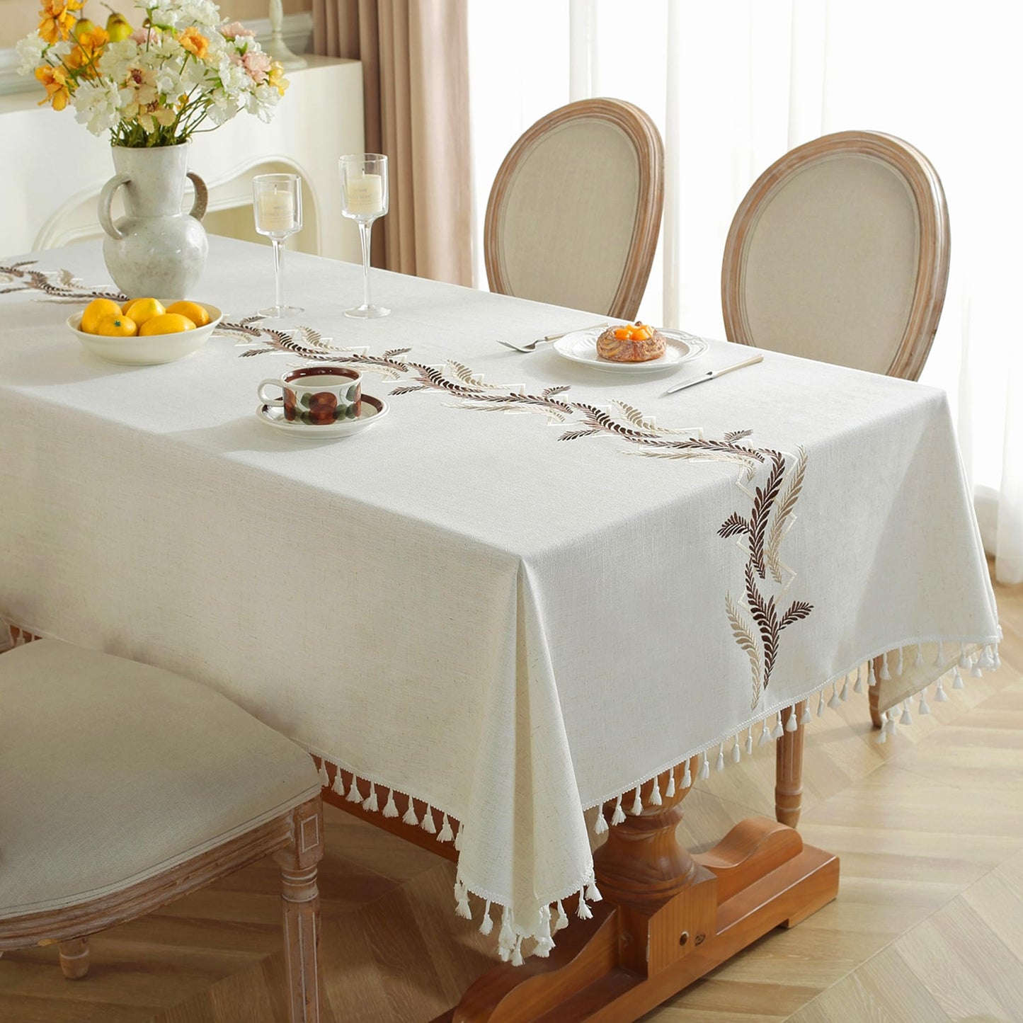 JIALE Tablecloths for Rectangle Tables, Cotton Linen Table Cloth Waterproof Tablecloth Wrinkle Free Farmhouse Dining Tables Cover, Soft Fabric Table Cloths with Tassels, Beige, 55" X 120", 10-12 Seats