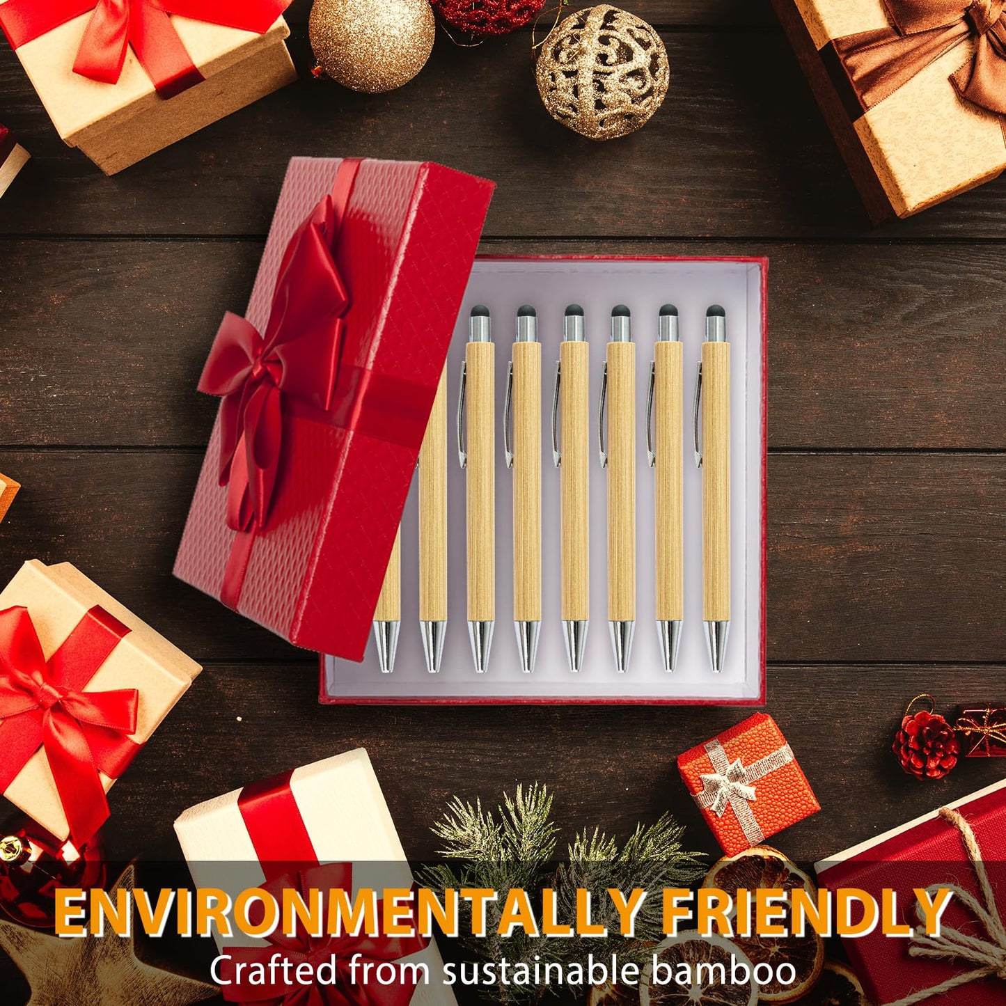 lyforx 200pcs Bamboo Pens Bulk with Touch Stylus Tip Wooden Bamboo Pens Engraving Wooden Ballpoint Pen Customizable Gift Pen Bulk
