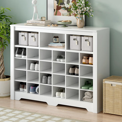 Merax Sleek Design 24 Shoe Cubby Console, Modern Storage Cabinet with Curved Base, Versatile Sideboard for Hallway, Bedroom, Living Room, White