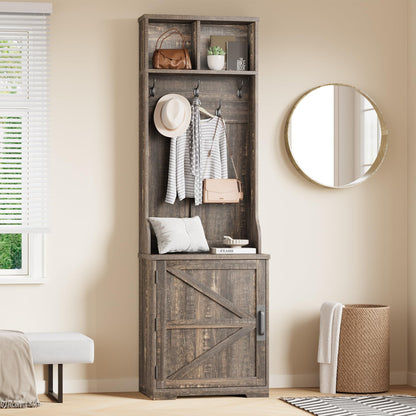 IDEALHOUSE Farmhouse Narrow Coat Rack with Shoe Storage, 23.6" Small Hall Tree with Bench, Entryway Coat Rack with 5 Hooks, 2 Cubbies & 1 Barn Door Cabinet for Entryway, Hallway, Mudroom, White/Brown