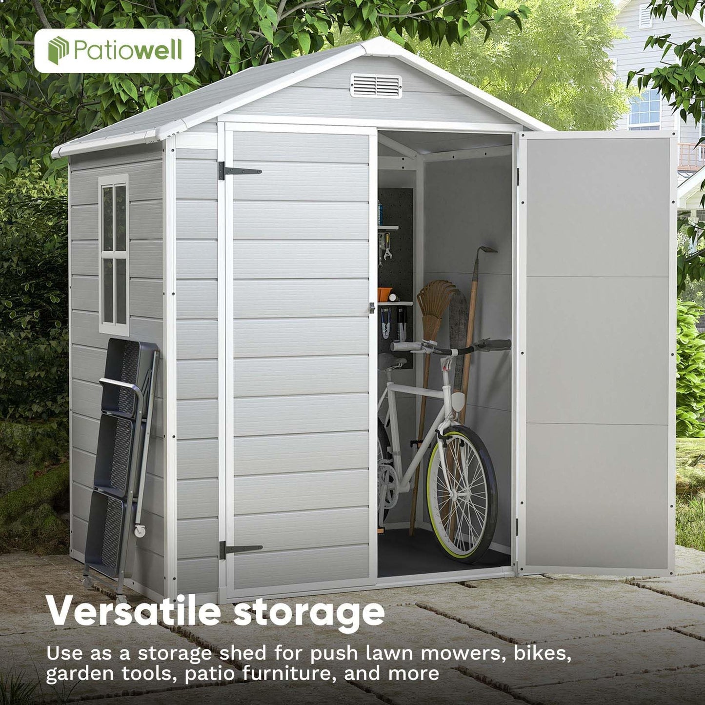 Patiowell 6x4 FT Resin Outdoor Storage Shed with Floor, Plastic Storage Shed with Lockable Door, Outside Shed Perfect to Store Patio Furniture, GardenTools Bike Accessories, Lawn Mower, Light Gray