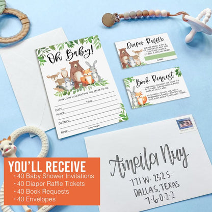 Hadley Designs Baby Shower Invitations for Girl -40 Baby Shower Invites for Boy with Diaper Raffle & Book Request Cards, Woodland Animals Gender Reveal Invitations Gender Neutral, Oh Baby!