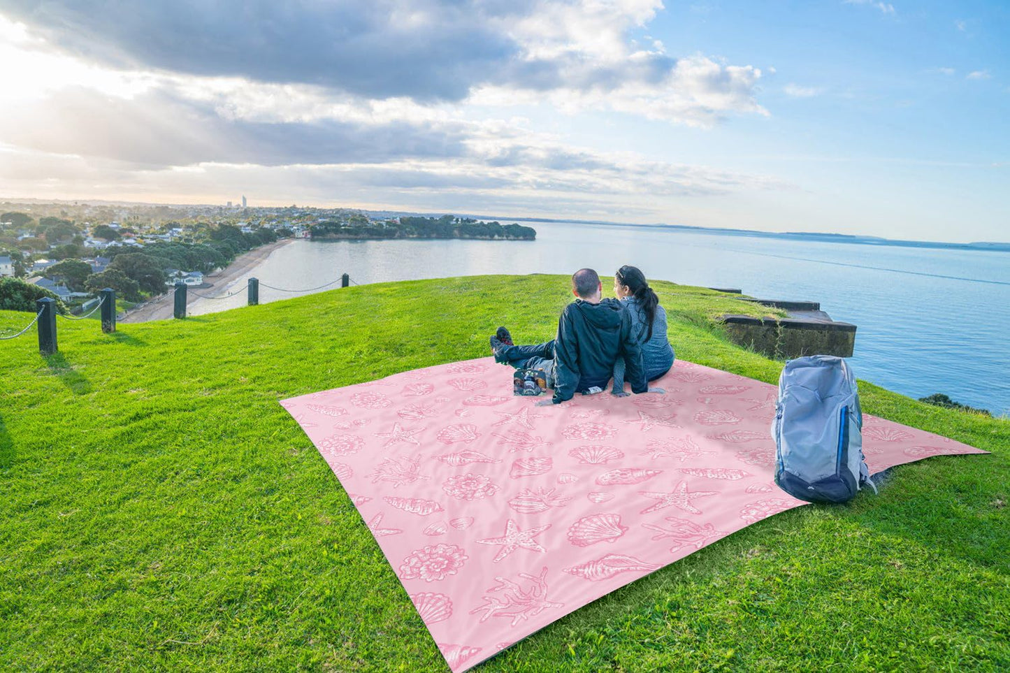 WEKAPO Beach Blanket Waterproof Sandproof Oversized, Extra Large Beach Mat Sand Free, Lightweight & Compact Sand Free Mat with 6 Stakes & 4 Corner Pockets (Pink Sea Shells, 11 x 9 FT (1～9 Person))