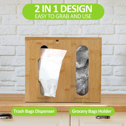 Bambition Trash Bag Dispenser & Grocery Bag Organizer, 2 in 1 Bamboo Garbage Bags Storage Box for Cabinet Door or Wall Mount