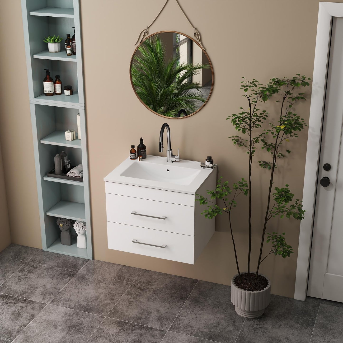 KEIKI 24" Gloss Wall-Mounted Bathroom Vanity with Ceramic Sink, Double Soft-Close Drawers, Modern Minimalist Design