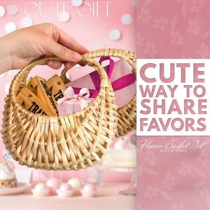 Small Flower Girl Basket Set of 2 - Small Wicker Basket with Handle and Waterproof Lining, 6.3 x 5.12 x 3.75 Inch - Rattan Design for Wedding Flower Petals, Candy, Gift Use, Storage and Home Decor