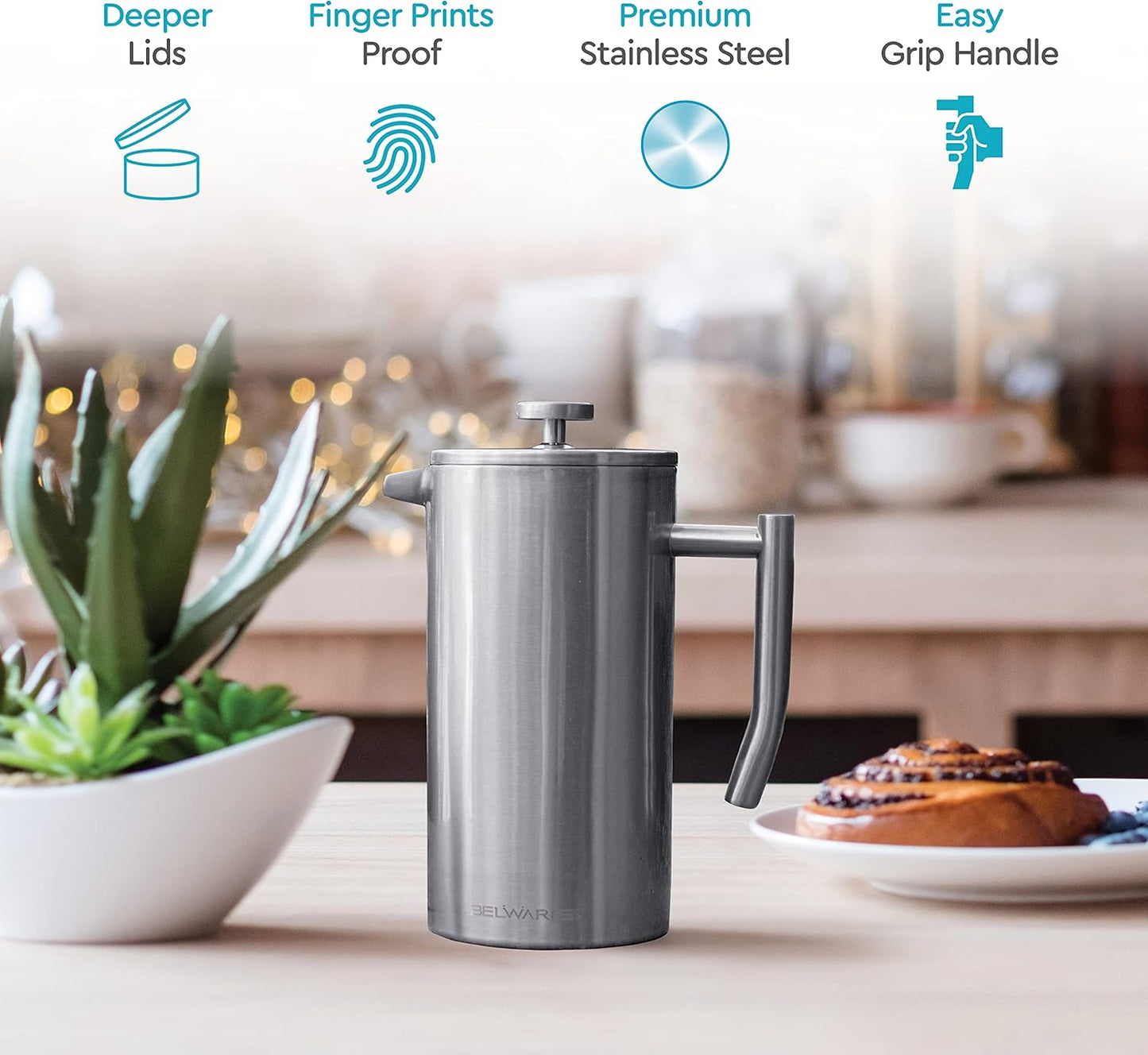 Belwares 34 oz French Press Coffee Maker, Double Insulated Stainless Steel with 2 Extra Screens and Coffee Spoon