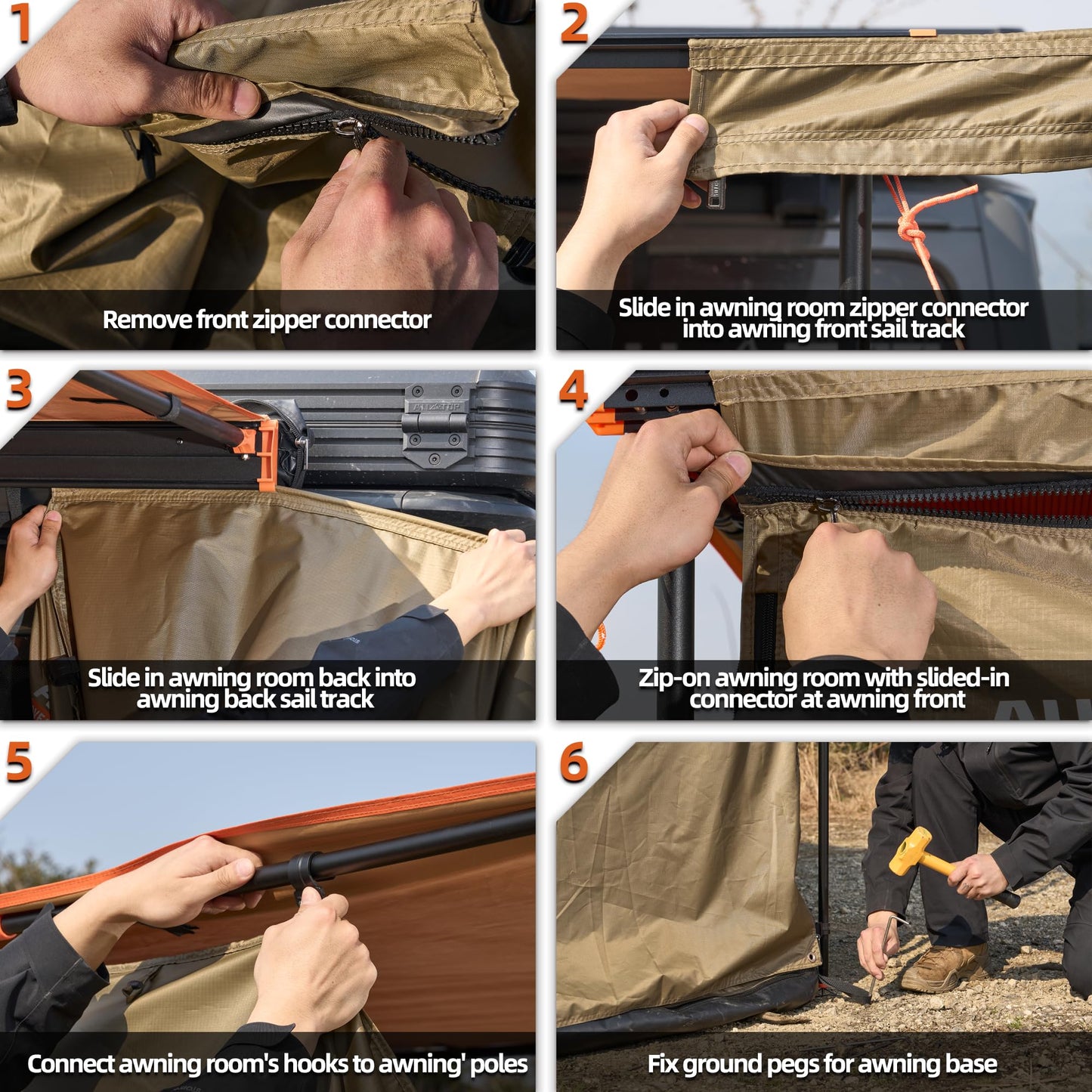 ALL-TOP Awning Room with Floor 8.2' x 10' Rip-Stop 210D Oxford Awning Tent with Bug-Resistance Mesh, Waterproof Sun Shelter for Overland, Camping(Black Coating, Room Only)