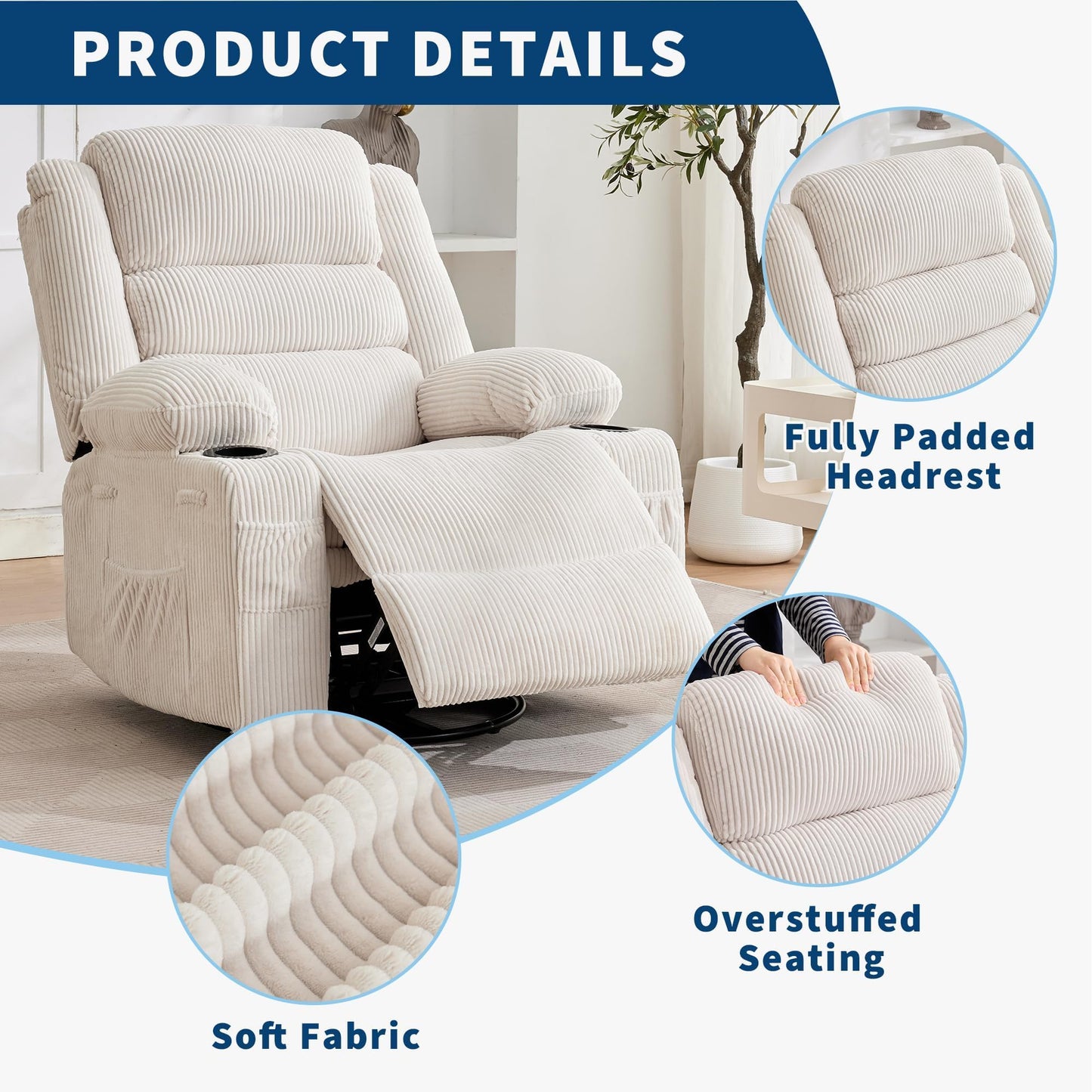 Rocking Recliner Chair for Adults Corduroy Wide Upholstered Glider Recliner with Cup Holder Deep Seat Single Sofa Rocker Chair for Nursery Living Room