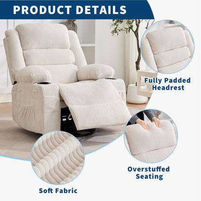 Rocking Recliner Chair for Adults Corduroy Wide Upholstered Glider Recliner with Cup Holder Deep Seat Single Sofa Rocker Chair for Nursery Living Room
