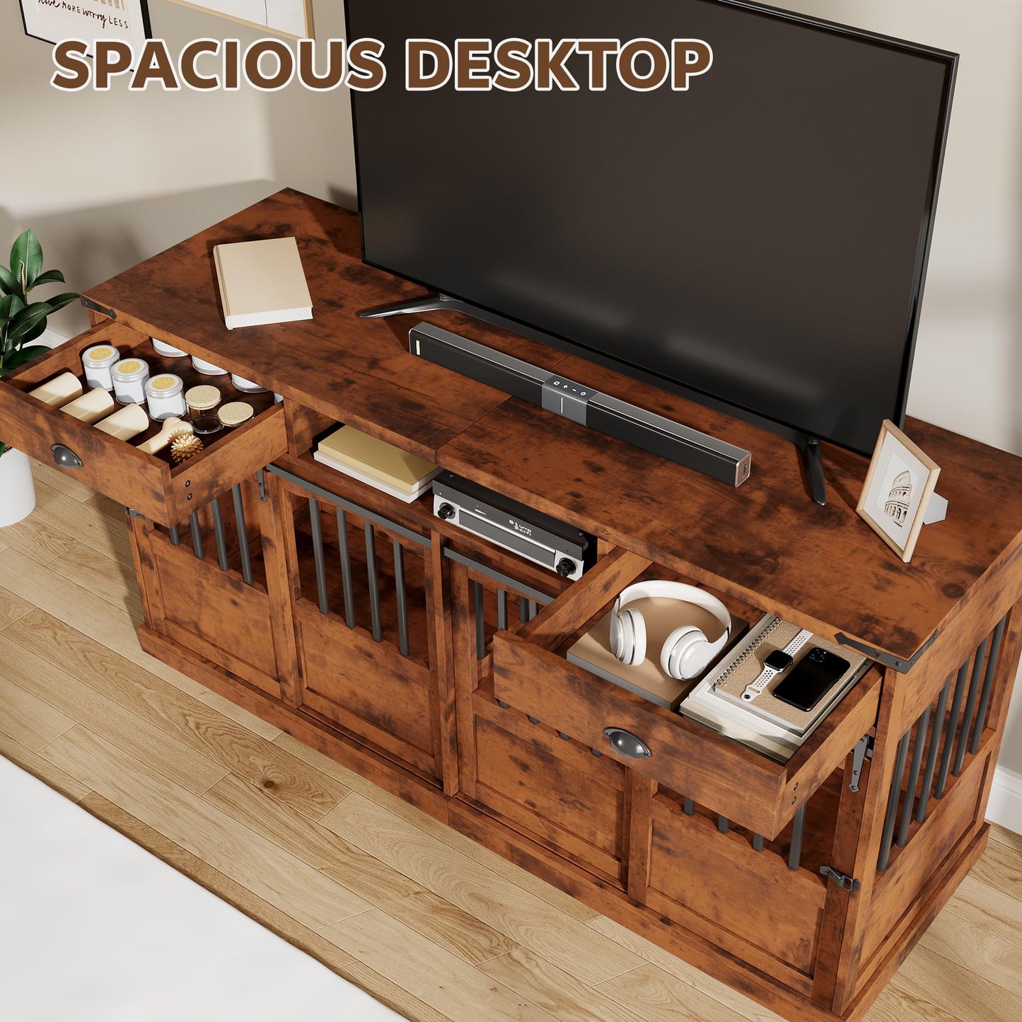 Homiflex 72" Double Dog Crate Furniture with Storage for 2 Medium Large Dogs Farmhouse Wooden Dog Kennel Furniture with 2 Sliding Doors Divider & Power Outlets Decorative Dog Cage TV Stand, Brown