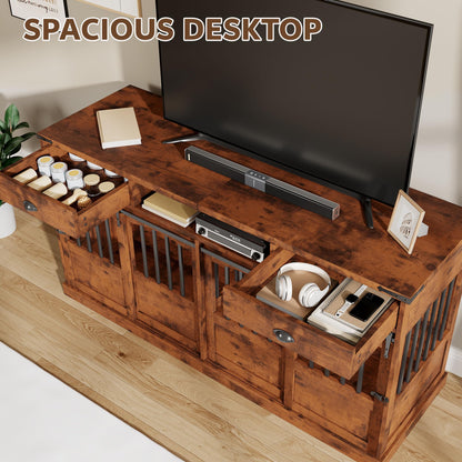 Homiflex 72" Double Dog Crate Furniture with Storage for 2 Medium Large Dogs Farmhouse Wooden Dog Kennel Furniture with 2 Sliding Doors Divider & Power Outlets Decorative Dog Cage TV Stand, Brown