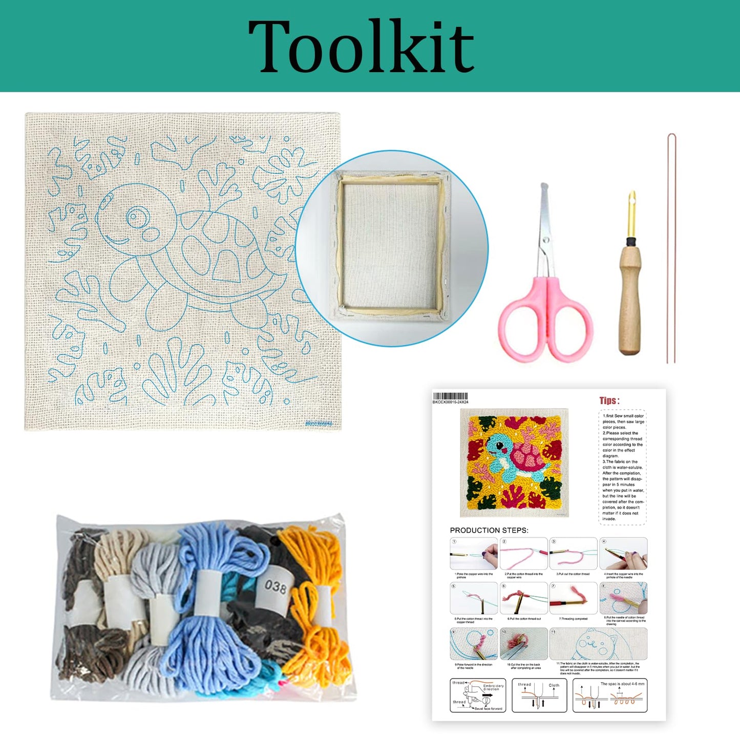 ZuoAnLF Punch Needle Kit with Hoop for Beginners, DIY Handmade Punch Needle Set with Yarn and Pattern Fabric, Relaxing Craft Activity for Adults and Teens, Home Décor & Gift Idea (Turtle)