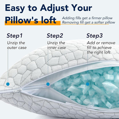 QUTOOL Cooling Pillow - CertiPUR-US Shredded Memory Foam | Adjustable Firmness for All Sleep Positions - Set of 2, White