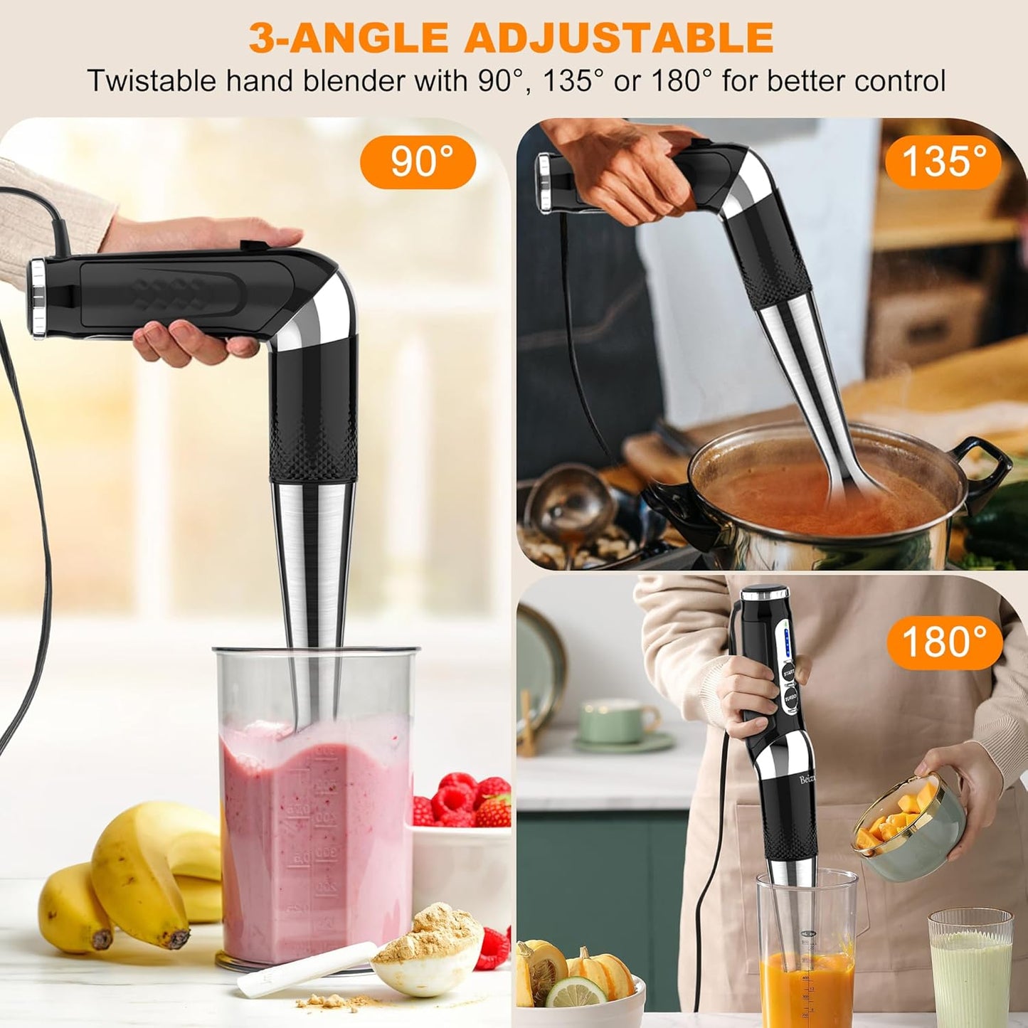 Electric Hand Blender Stick: 3-Angle Adjustable with Variable 21-Speed Control for Milkshakes | Smoothies | Soup |