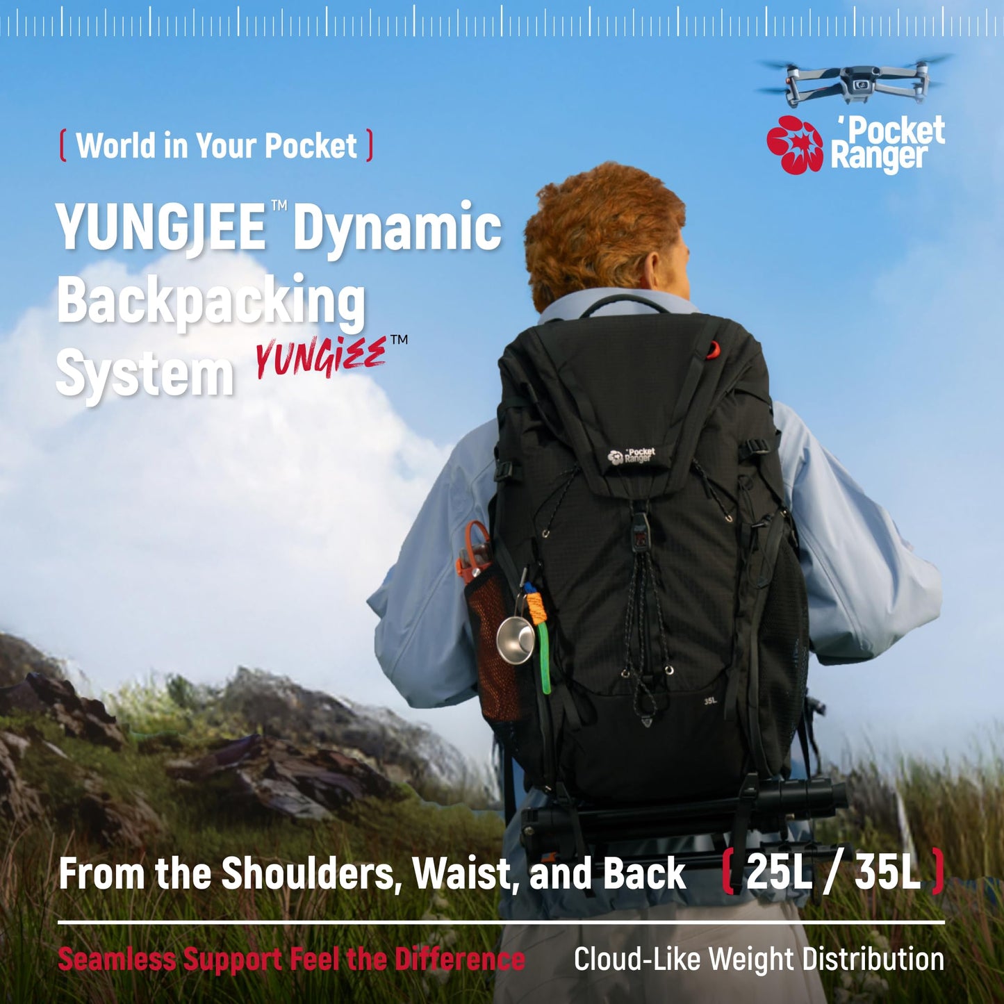 VSGO Pocket Ranger Outdoor Backpack - Expandable, Suitable for Outdoor Activities, with 24 Attachment Points (White, 35-42L)