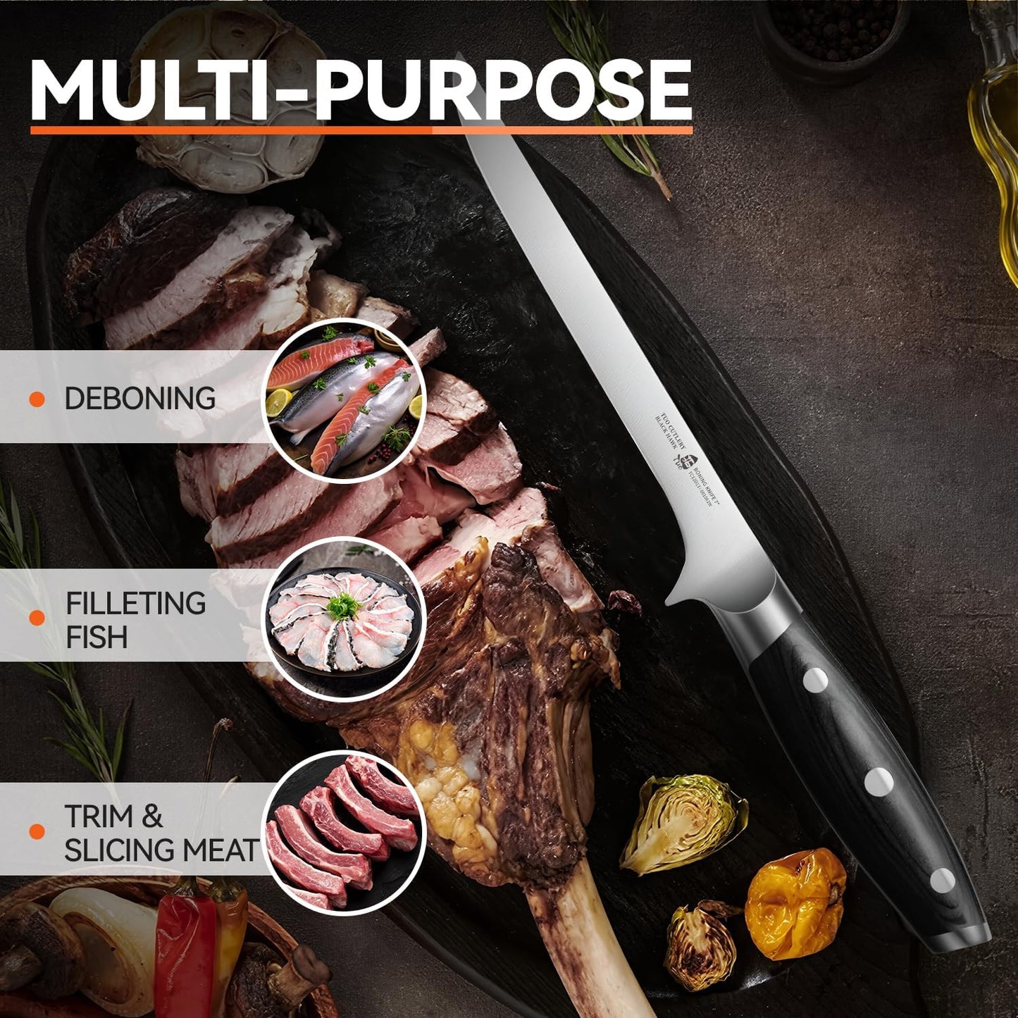 TUO Boning Knife, 7 inch Fillet Knife, German HC Steel Blade for Poultry & Fish, Full Tang Pakkawood Handle, BLACK HAWK