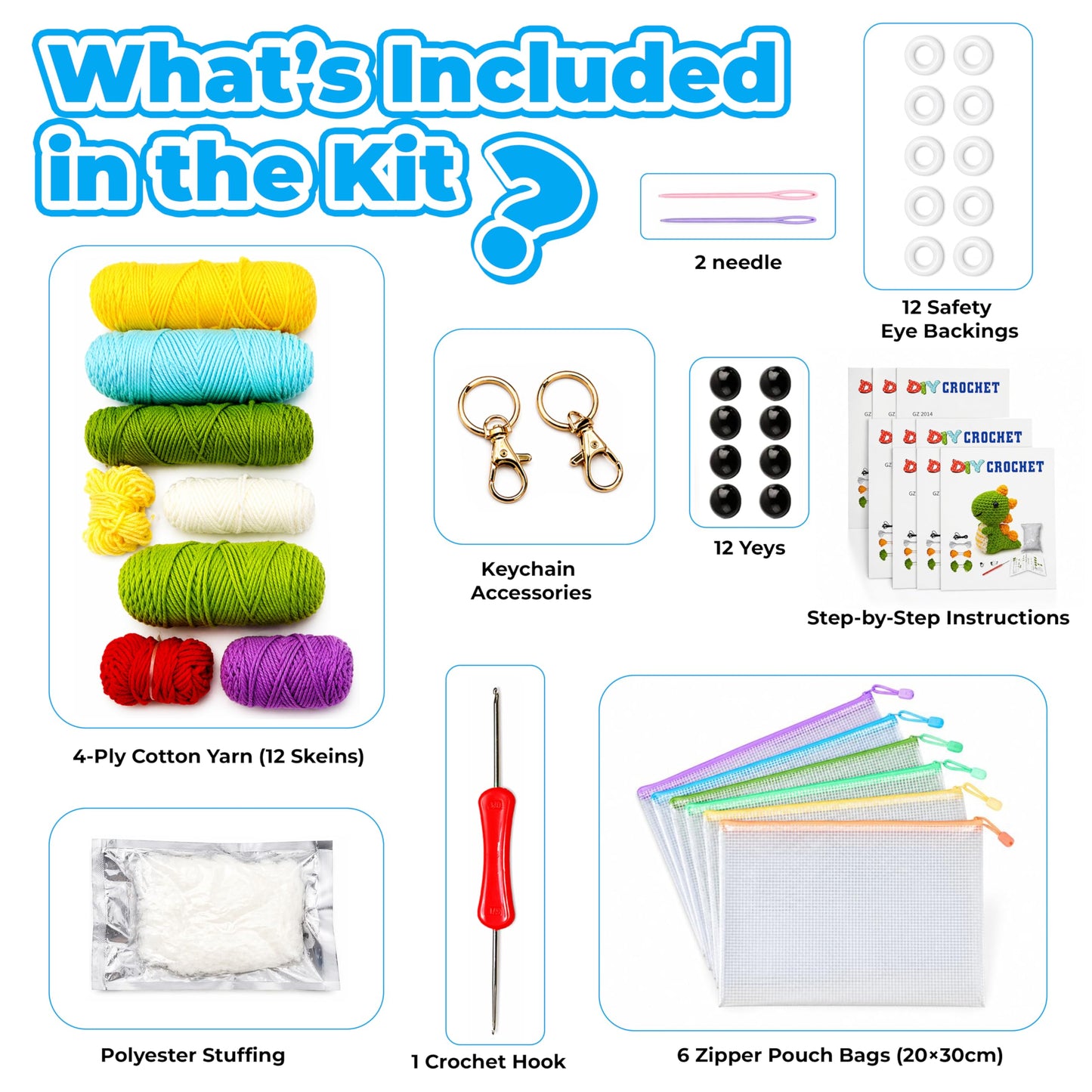 Crochet Kits for Begainners – 6 pcs Animal Amigurumi Set, 6 pcs Zipper Bag, Beginner Crochet Starter Pack for Adults & Kids, Learn to DIY Craft Stitch with Yarn, Hooks, Stuffing & Paper Instructions
