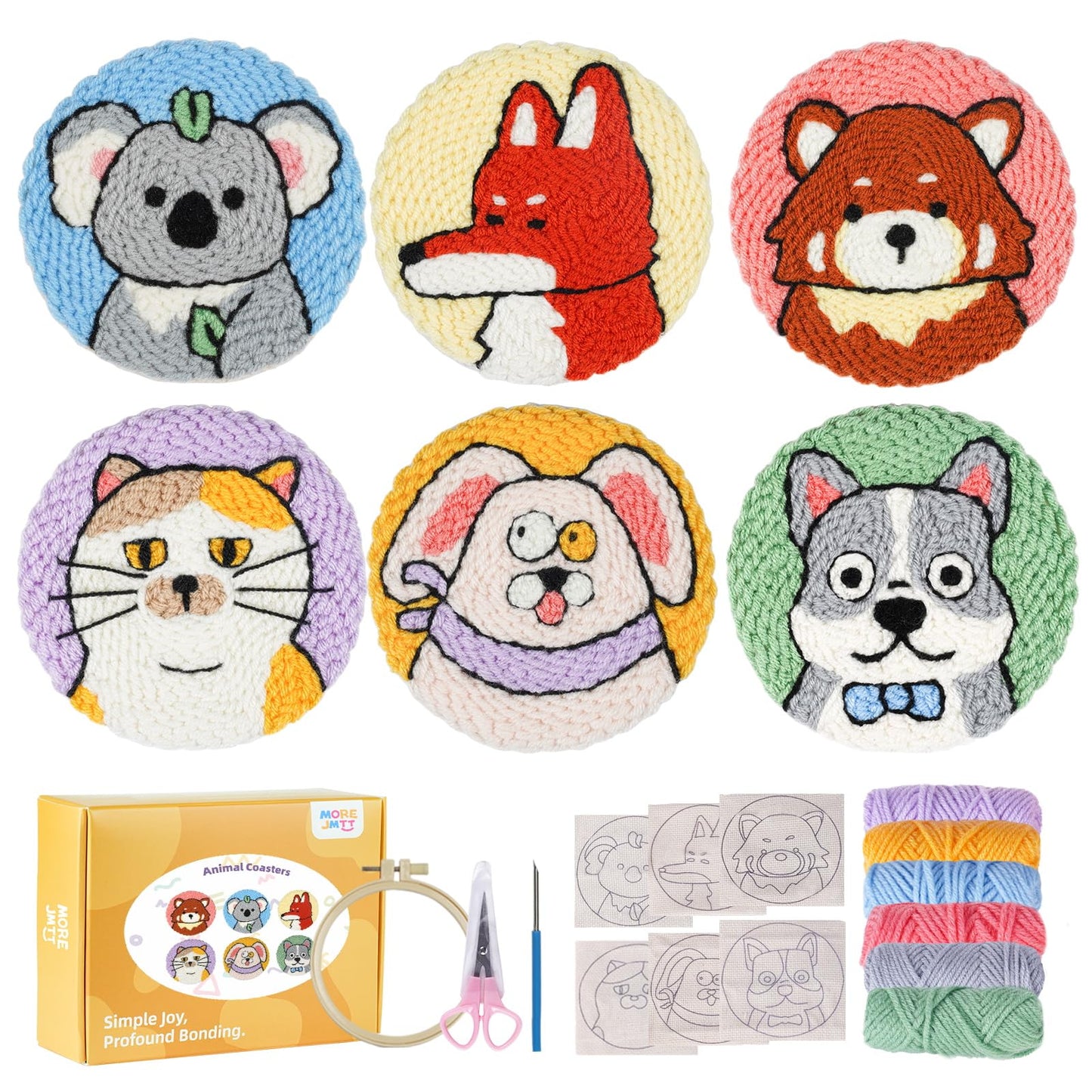 punch needle kit-6,embroidery kit for beginners,punch needle kits adults beginner,needles, curved scissors, a tool storage box, yarn, easy-to-follow instructions, and tutorial videos(6 animal coaster)