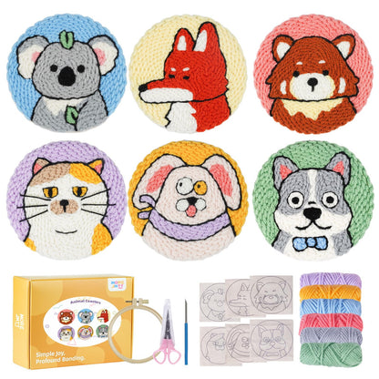punch needle kit-6,embroidery kit for beginners,punch needle kits adults beginner,needles, curved scissors, a tool storage box, yarn, easy-to-follow instructions, and tutorial videos(6 animal coaster)