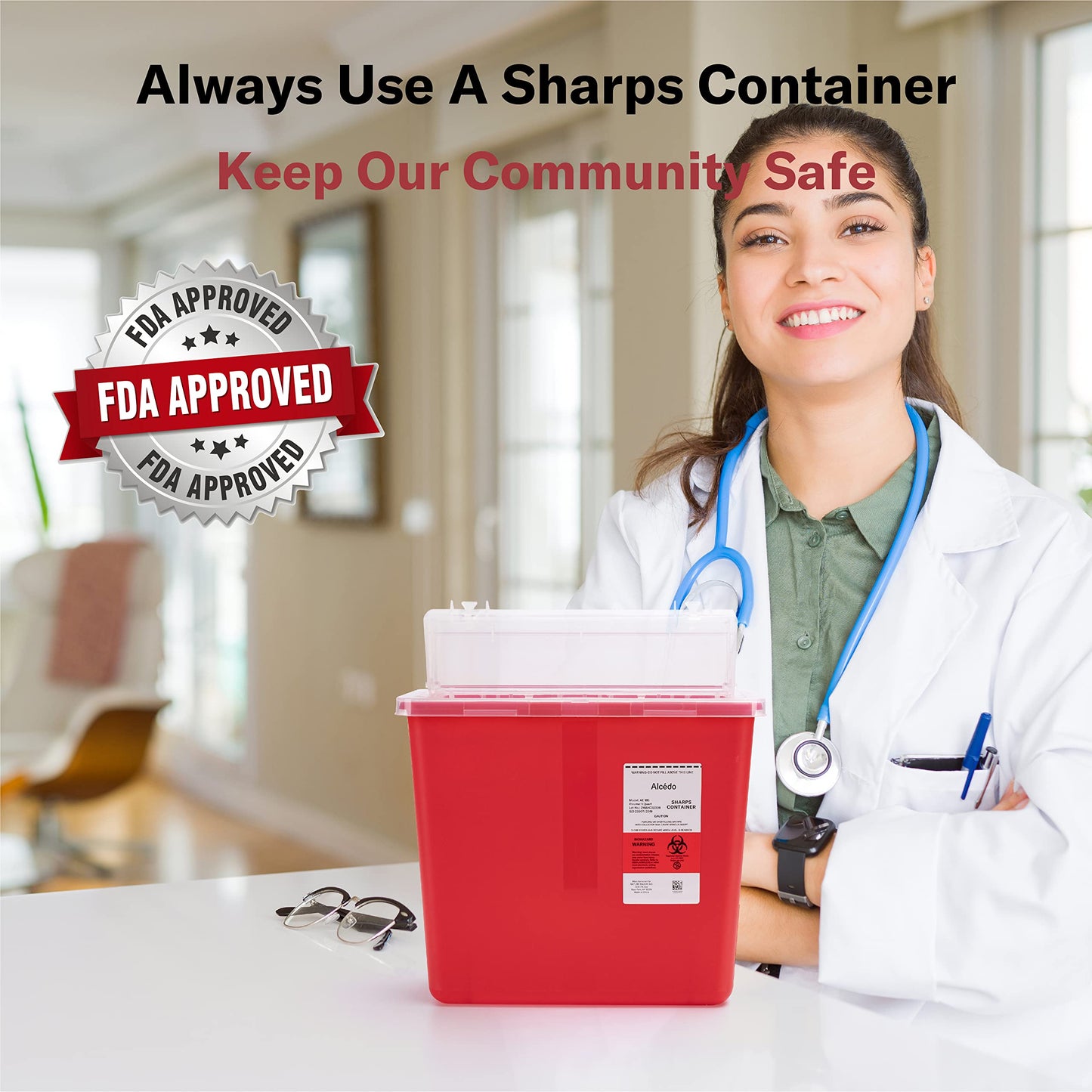 Alcedo Sharps Container for Home and Professional Use 5 Quart (2 Pack), Biohazard Needle and Syringe Disposal, Mailbox Style Lid, Medical Grade