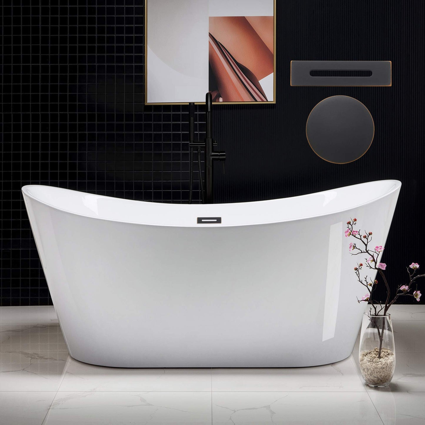 WOODBRIDGE 67" Acrylic Freestanding Bathtub Contemporary Soaking White Tub with Oil Rubbed Bronze Overflow and Drain，BTA1515-ORB-Drain&O