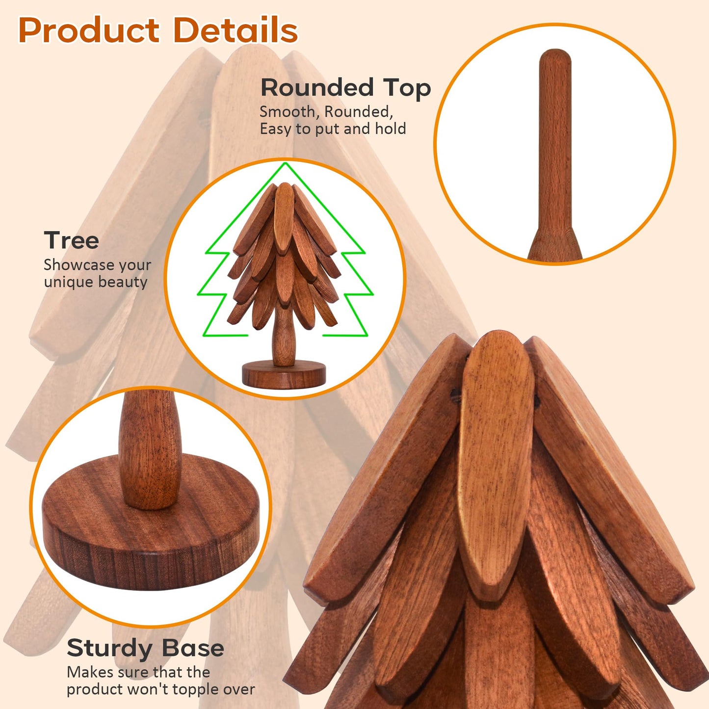 Wooden Trivets for Hot Dishes, Wooden Tree Trivet Set of 5 for Easy Storage - Suited for Hots, Pans, Bowl, Teapot, Hot Holders - Multifunctional Ornaments (Dark - 5 PCs)