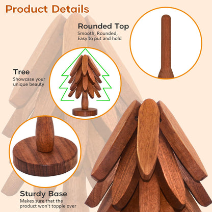 Wooden Trivets for Hot Dishes, Wooden Tree Trivet Set of 5 for Easy Storage - Suited for Hots, Pans, Bowl, Teapot, Hot Holders - Multifunctional Ornaments (Dark - 5 PCs)