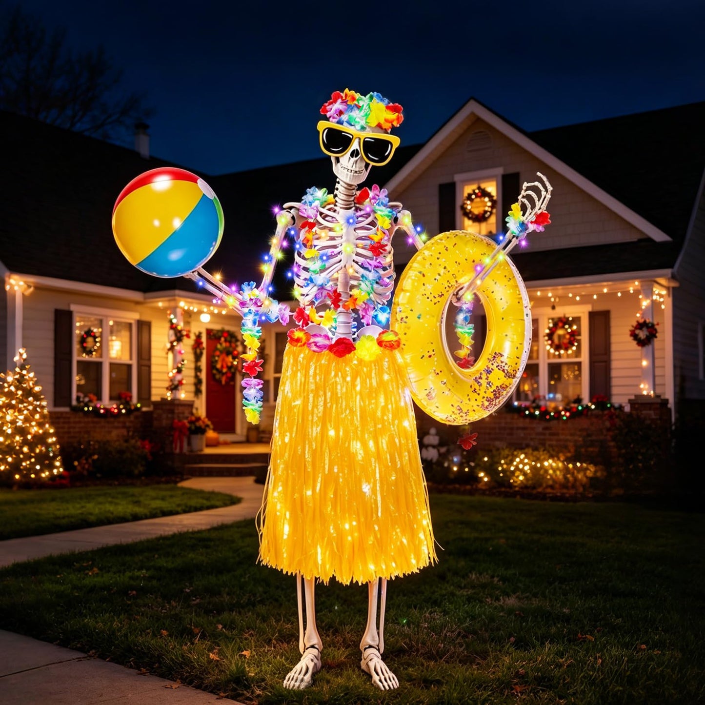 12 ft Summer Skeleton Outfits Accessories, 10 Pcs Hawaiian Hula Giant Skull Grass Skirt Costume Clothing Kit with Sunglasses Swim Rings & Beach Balls for Outdoor Yard Lawn Summerween Luau Decorations