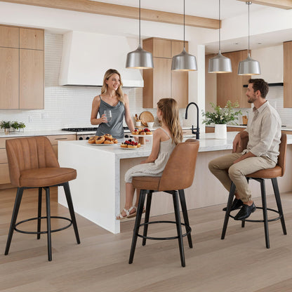 LUE BONA 360° Swivel Leather Bar Stools Set of 3, 26" Counter Height Barstools with Backs and Metal Legs, Modern Upholstered Bar Chairs for Kitchen Island, Brown