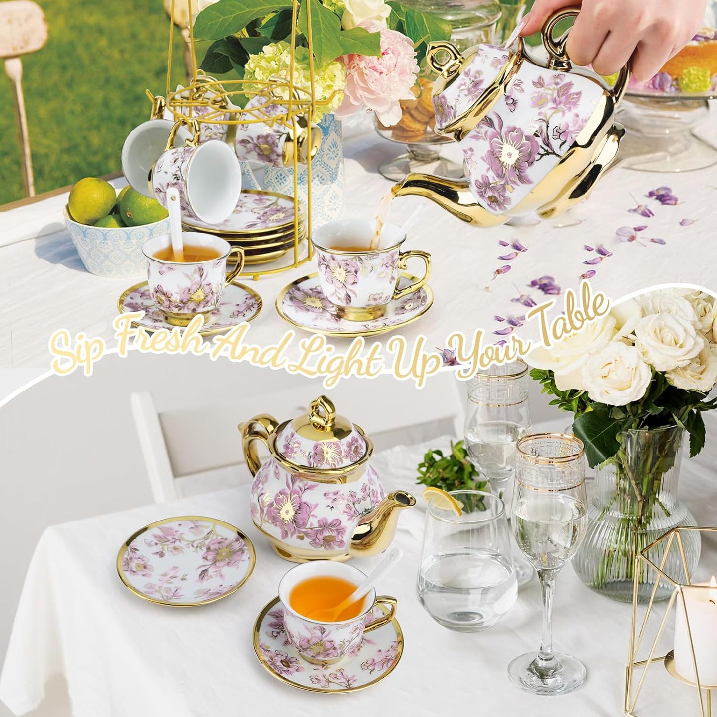 20 Set Sets Set Set Pcs Porcelain Tea with Metal Holder European Flower Tea for Adults, Ceramic Tea Party European