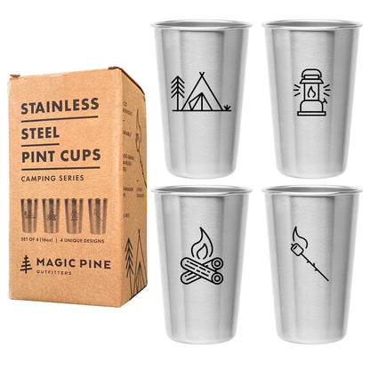Magic Pine Set of 4 Stainless Steel Cups with Camping Theme - Camping Gift for Men or Women, Decor for Your RV or Camper - 16oz Capacity - Glasses Safe for Kids