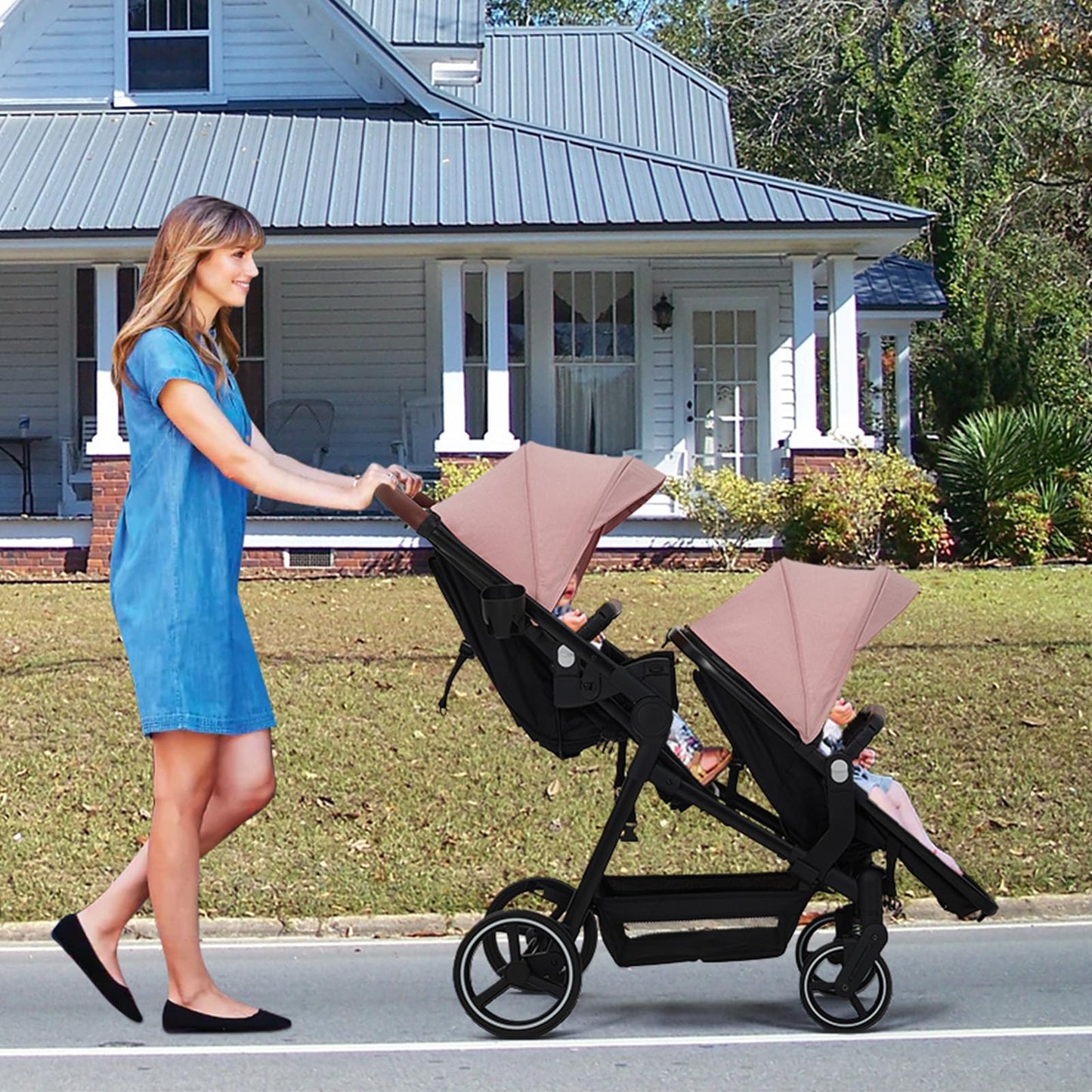 Tandem Double Stroller for Twins, Foldable Baby Stroller for Newborns 0-6 Months, Reversible Adjustable Seats, Shock-Absorbing Swivel Wheels & One-Step Brake, Storage Basket & Sun Canopy, Pink