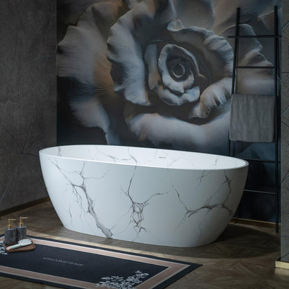 WOODBRIDGE 67" Marble-Pattern Stone Resin Freestanding Soaking Tub, Modern Oval Solid Surface Bathtub with Integrated Slotted Overflow & Drain, Matte Finish, CST0745