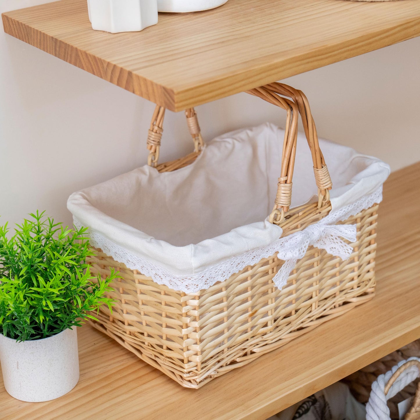 Handwoven Wicker Picnic Basket with Lace Lining, Natural Rattan Tote with Handles, Boho Basket for Outdoor Picnics, Bridal Showers, Weddings & Home Storage