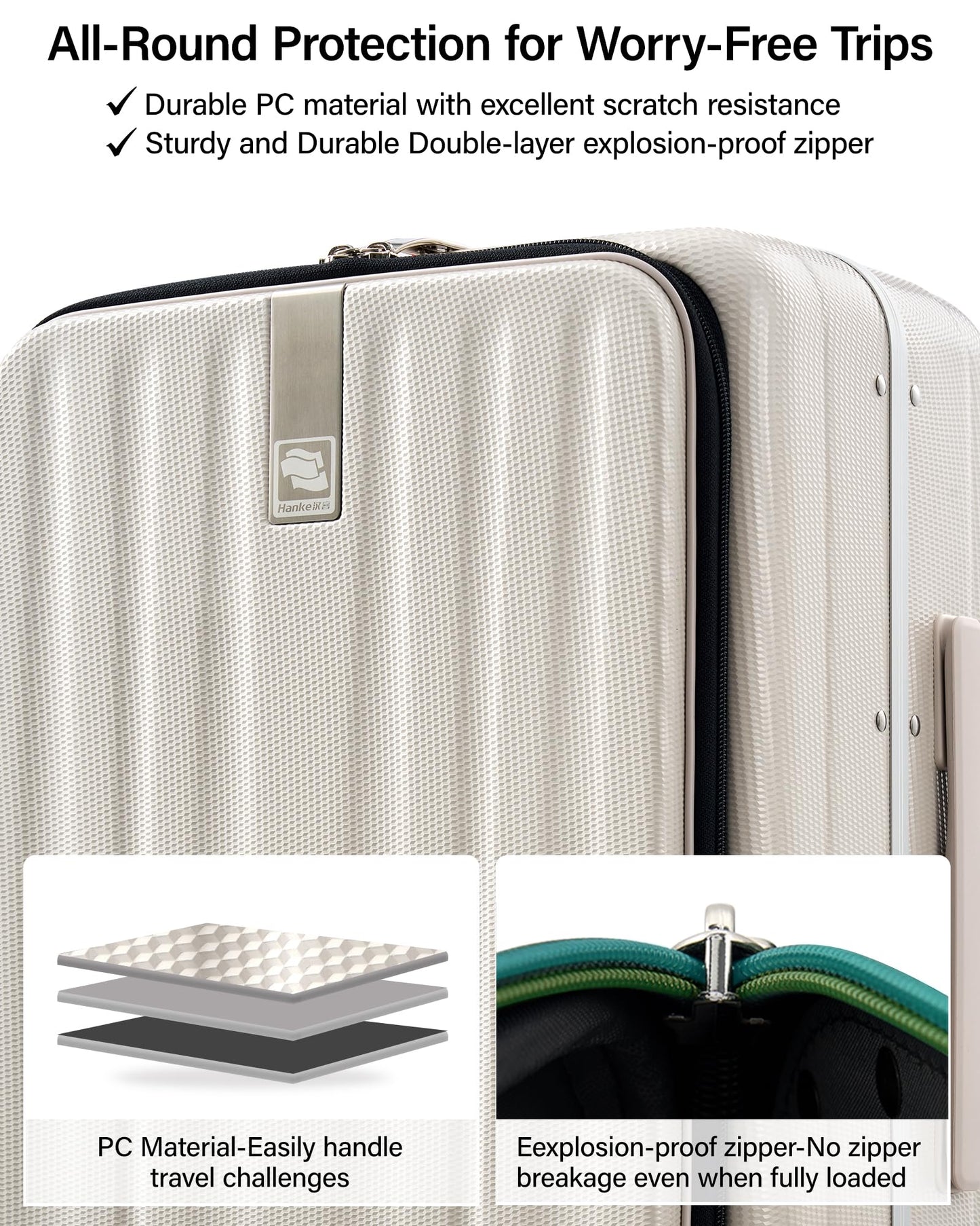 Hanke 26 Inch Large Luggage Suitcase Top Opening Aluminum Frame Travel Luggage Hard Shell Suitcases with Wheels for Woman Men.(Ivory white)