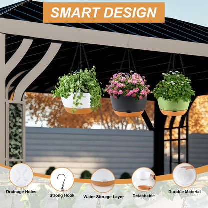 KPUVX 10 inch Hanging Planters for Indoor Outdoor Plants with Self-Watering Pots, 3 Pack Plastic Hanging Basket with Removable Tray for Home Garden Porch Balcony Patio Decor(White+Black+Green)