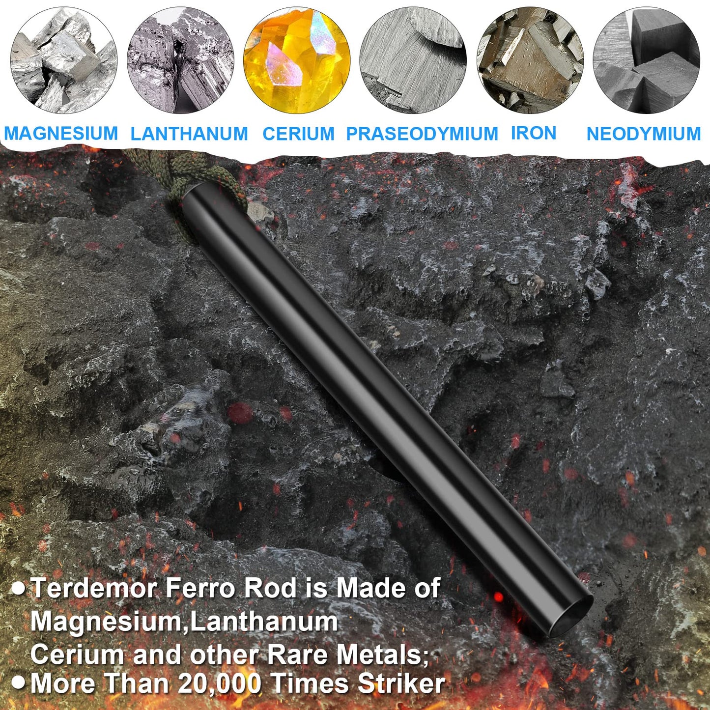 Ferro Rod Fire Starter Kit – 5" Flint and Steel with Two Waxed Tinder Cord & Paracord for Camping, Hiking, Outdoor Survival, Emergency Preparedness