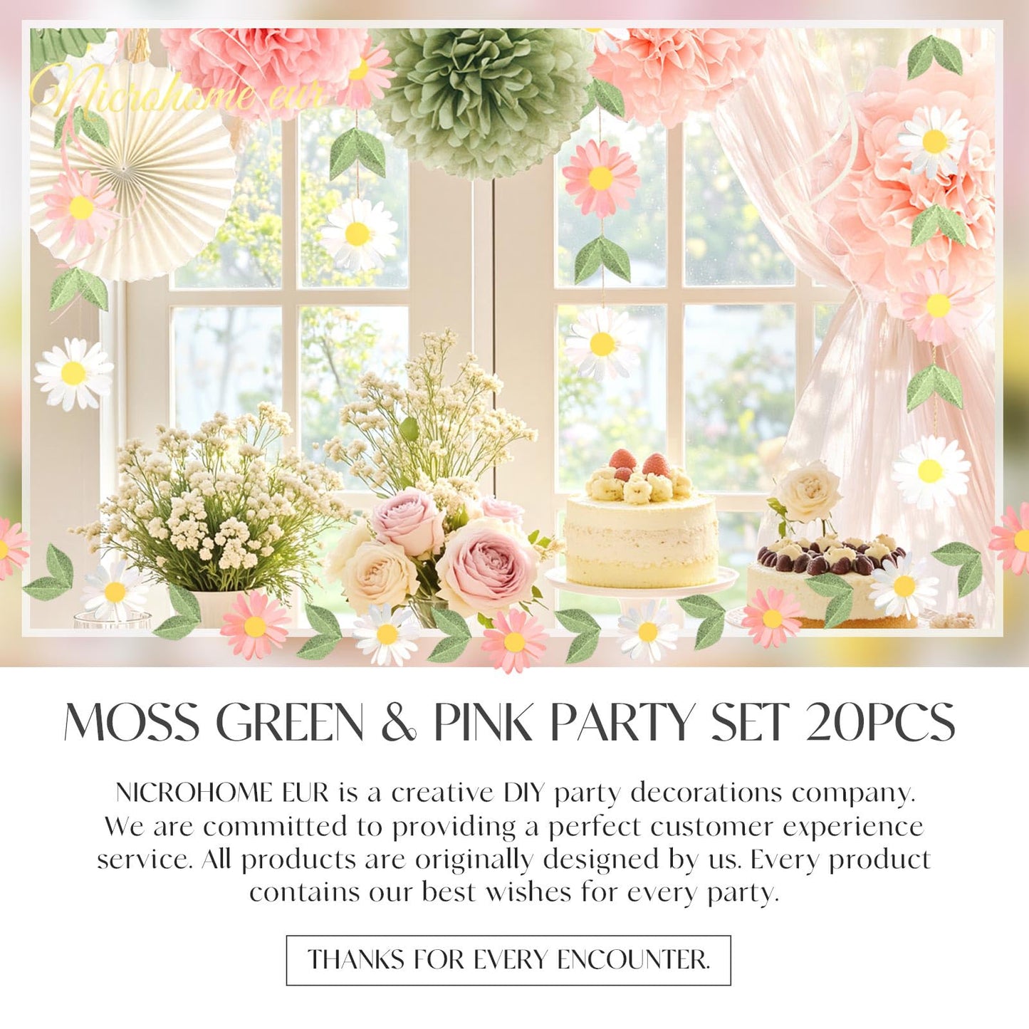 NICROHOME EUR Wedding Decorations, 20 PCS Sage Green and Pink Tissue Pom Poms Paper Lanterns Paper Fans 3D Flower Garlands for Bridal Shower Baby Shower Women Girls Birthday Garden Party Decor