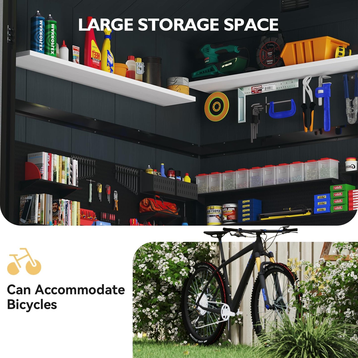 Aoxun 4x6 FT Resin Shed with Reinforced Floor, Built-in Magnetic Suction Light, All-Weather Plastic Outdoor Storage Shed, Lockable Door, Window & Vents for Garden, Patio, Bike & Garbage Can, Dark Gray