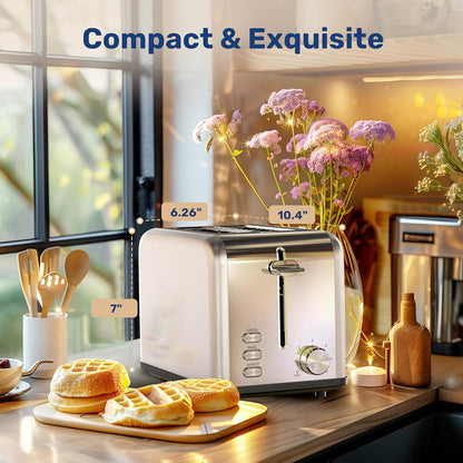 YSSOA 2-Slice Toaster - Silver, 6 Browning Settings, 3 Functions, Extra Wide Slot & Removable Crumb Tray for Bread &