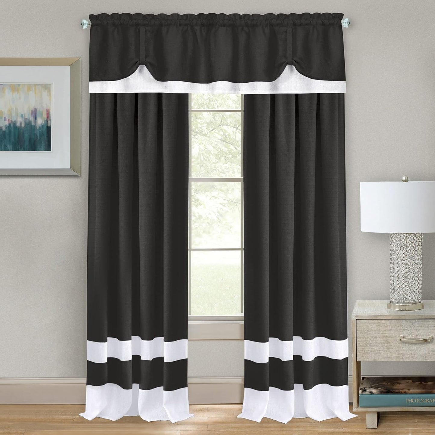 Collections Etc Darcy Two-Tone Rod Pocket Window Curtain Panel, Black, 52"X84"