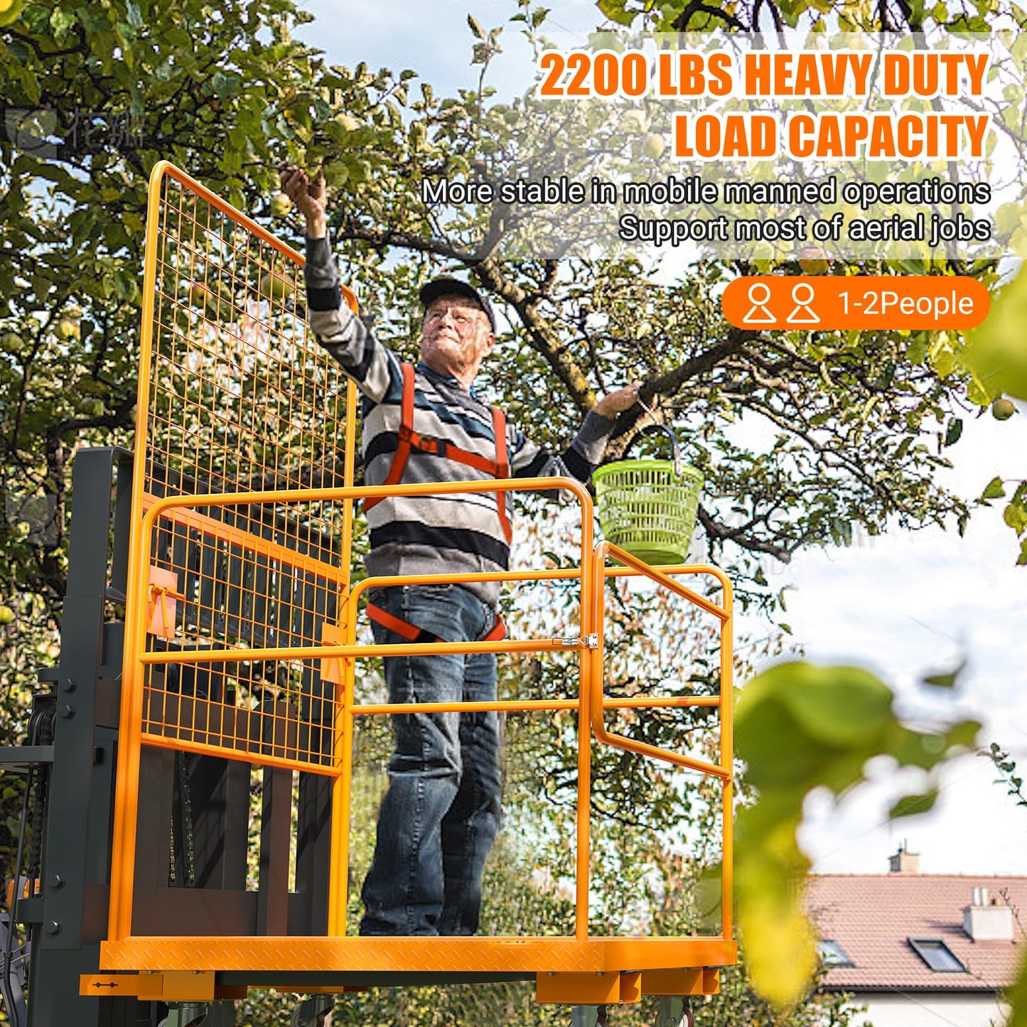 45 in x 43 in Forklift Cage, Max. 2200 LBS Forklift Man Basket with Harness & Wheels, Foldable Work Platform, Lift Basket Aerial Rails for Lifting Loader