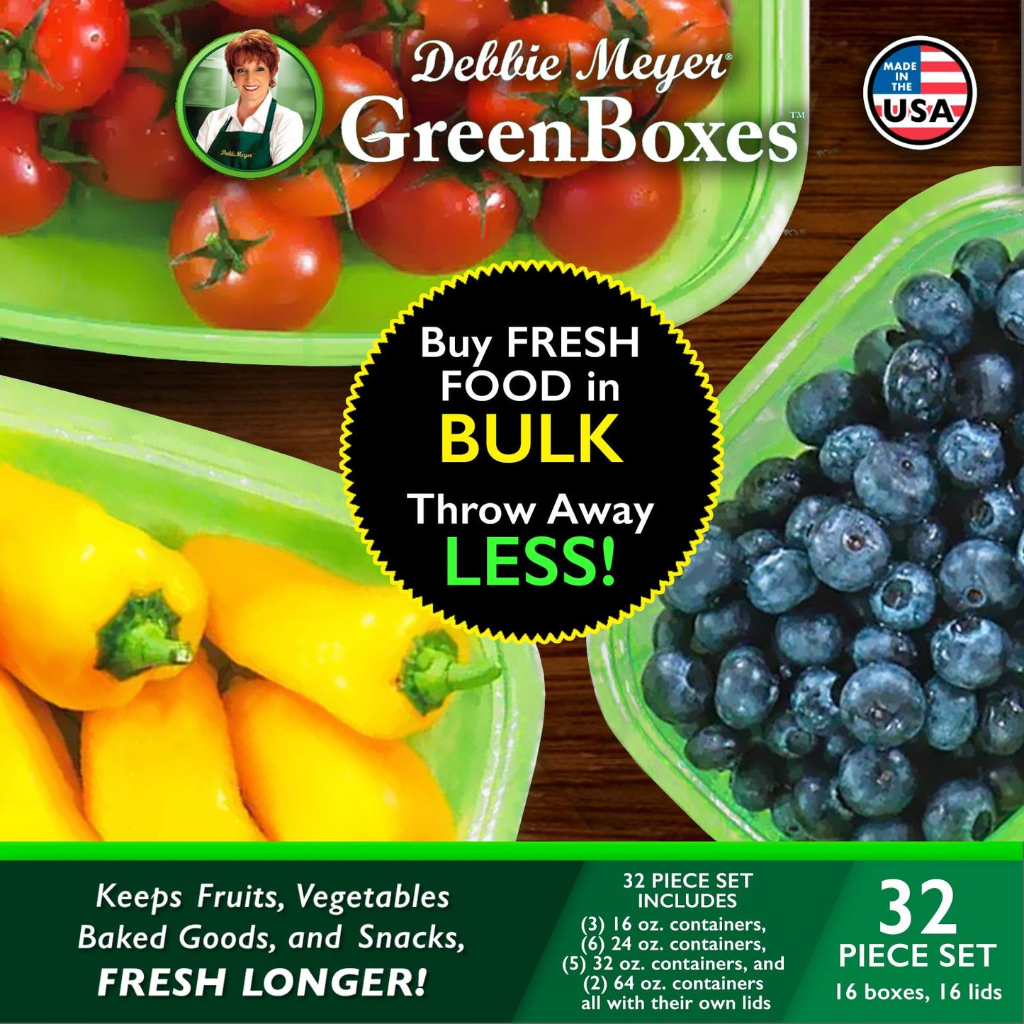Debbie Meyer UltraLite GreenBox | Reusable Plastic Airtight Food Storage Containers with Lids, Keeps Fruit, Vegetables, Baked Goods Fresh Longer, In Fridges, Travel On-The-Go or Lunch | 32 Piece Set