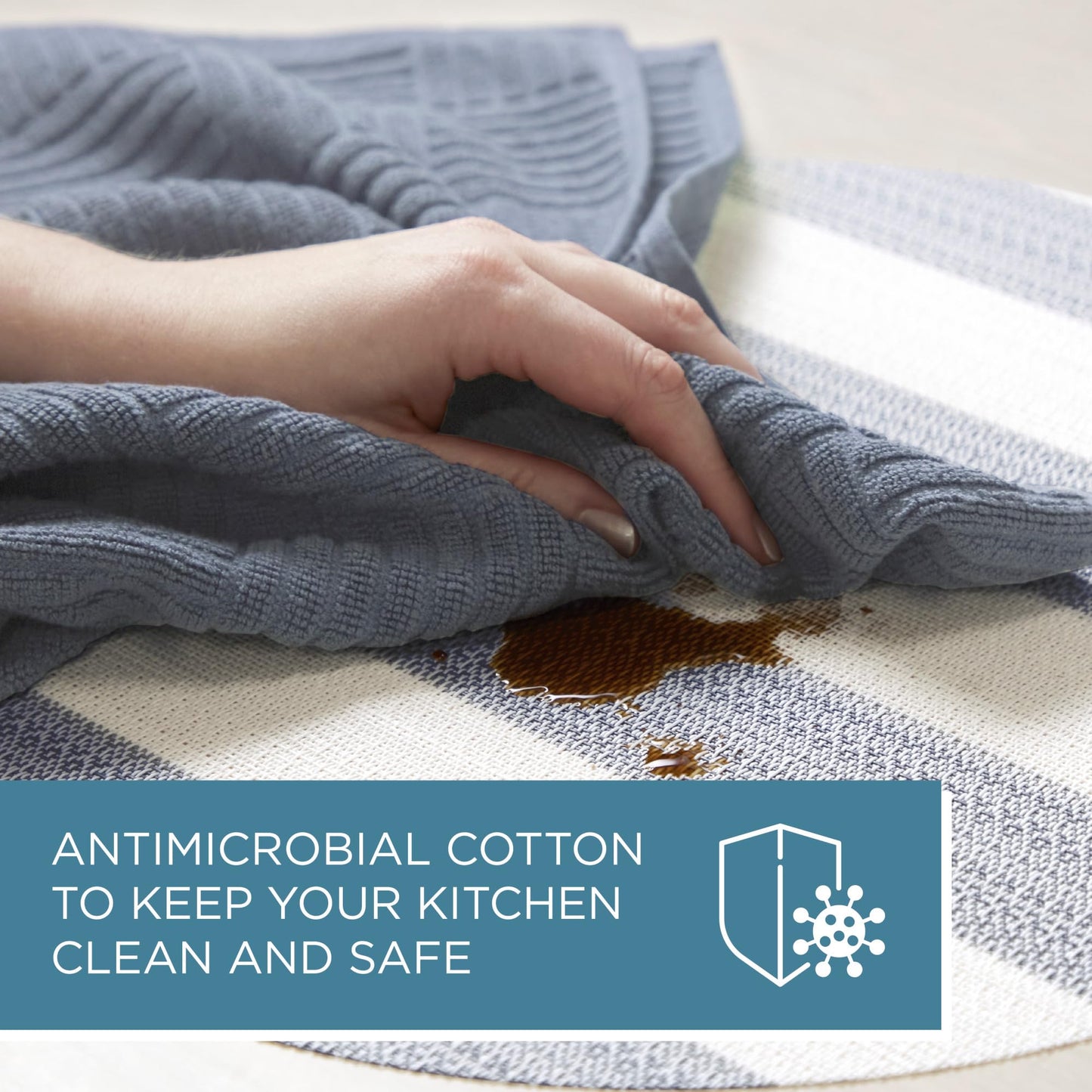 Town & Country Basics Basketweave Antimicrobial Terrycloth Kitchen Towel 4-Pack Set, Absorbent 100% Cotton, Machine Washable, Blue, 16"x28"