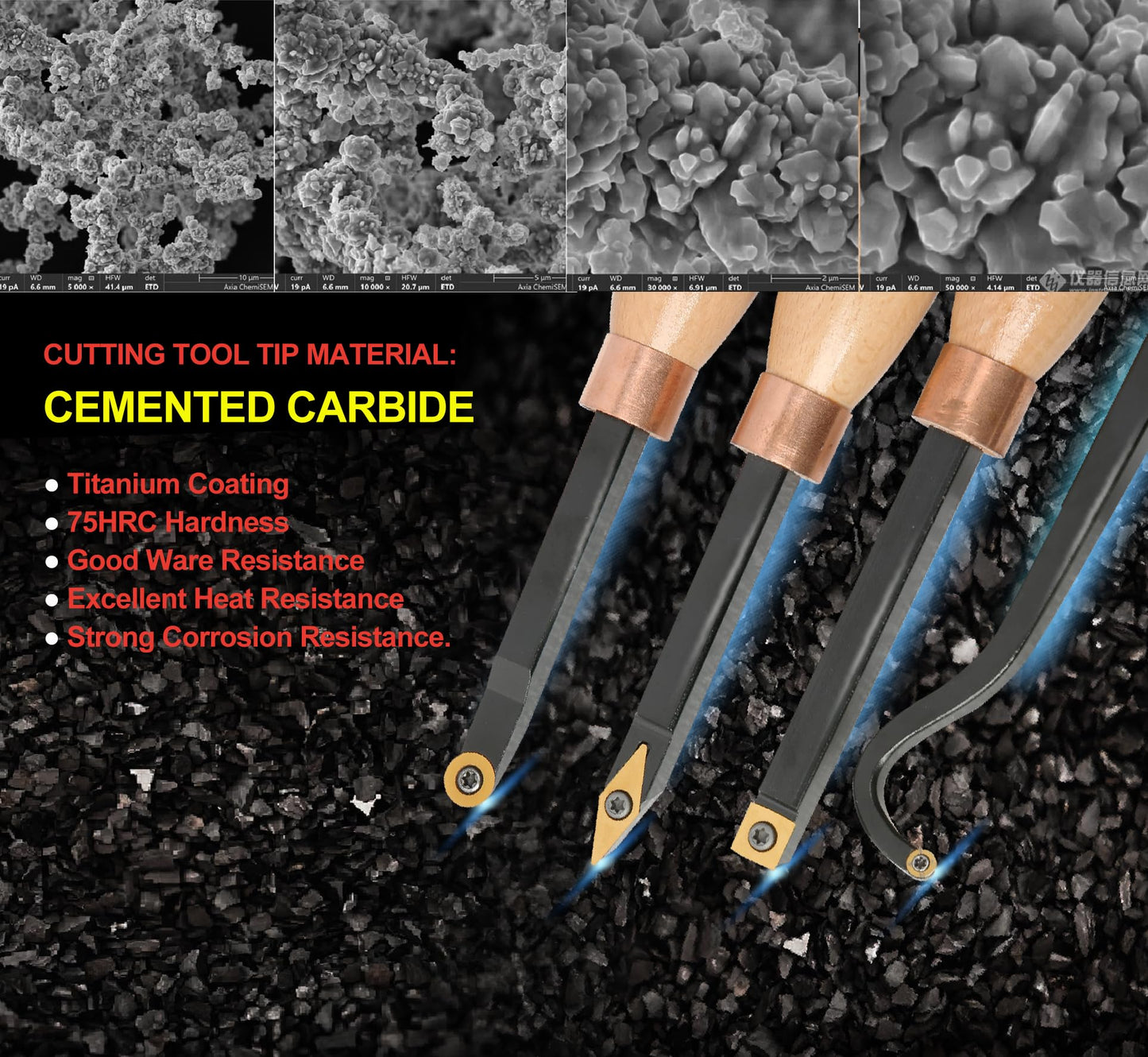 VINWOX 13.5" 4 PCS Carbide Wood Lathe Turning Tool Set, Pen Turning tool, Including Swan Neck Hollower, Rougher, Finisher, Detailer, Titanium Coated Carbide Blades 2X Service Life, Beech Wood Handle